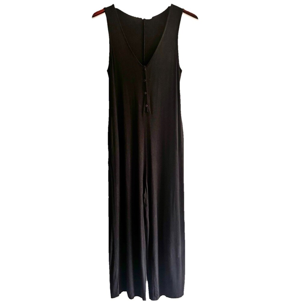 Tart V-Neck Sleeveless Button Down Jumpsuit Rayon Blend Black Small